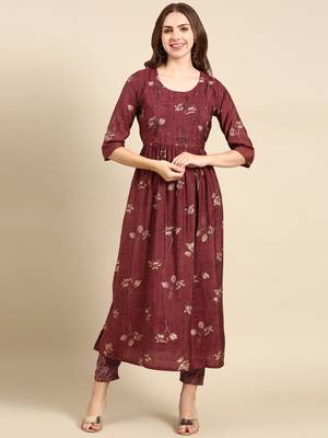 women's round neck geometric foil print violet anarkali kurta and trouser 2