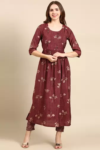 women's round neck geometric foil print violet anarkali kurta and trouser