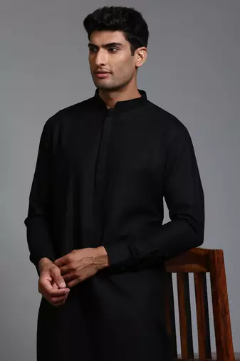 Black And White Cotton Blend Kurta Pyjama Set