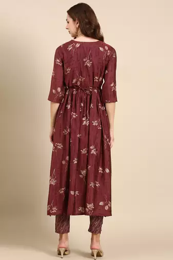 women's round neck geometric foil print violet anarkali kurta and trouser