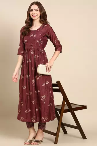 women's round neck geometric foil print violet anarkali kurta and trouser