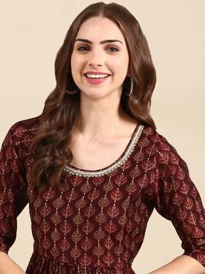women's round neck ethnic motifs foil print burgundy anarkali kurta and trouser 1
