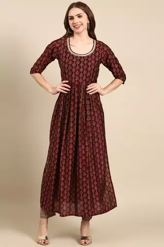 women's round neck ethnic motifs foil print burgundy anarkali kurta and trouser