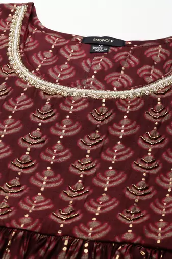 women's round neck ethnic motifs foil print burgundy anarkali kurta and trouser