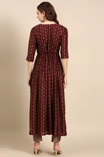 women's round neck ethnic motifs foil print burgundy anarkali kurta and trouser