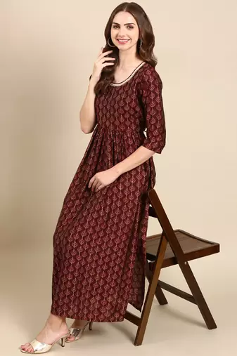 women's round neck ethnic motifs foil print burgundy anarkali kurta and trouser