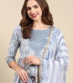 women's round neck floral block print white anarkali kurta and trouser with dupatta