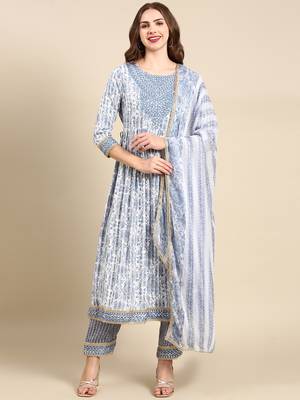 women's round neck floral block print white anarkali kurta and trouser with dupatta 2