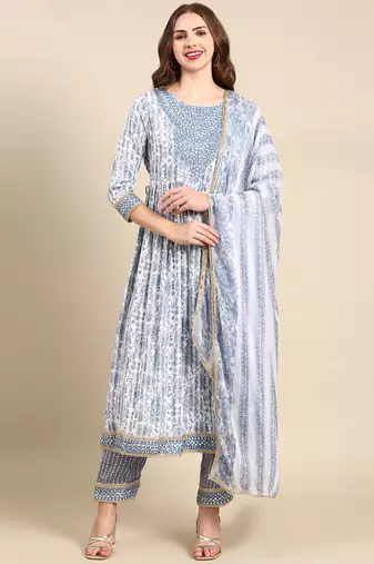 women's round neck floral block print white anarkali kurta and trouser with dupatta