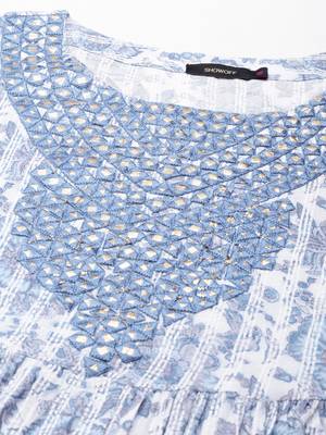 women's round neck floral block print white anarkali kurta and trouser with dupatta 3