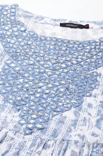 women's round neck floral block print white anarkali kurta and trouser with dupatta