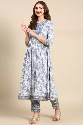 women's round neck floral block print white anarkali kurta and trouser with dupatta