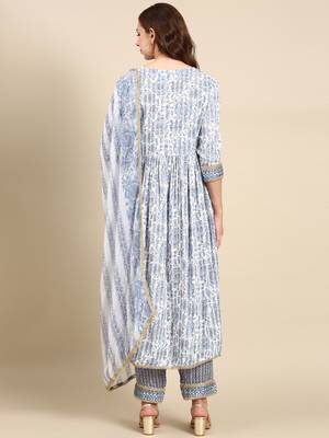 women's round neck floral block print white anarkali kurta and trouser with dupatta 5