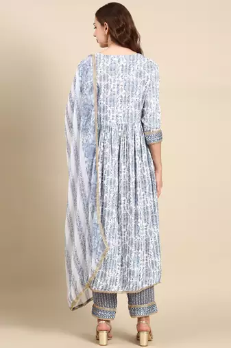 women's round neck floral block print white anarkali kurta and trouser with dupatta