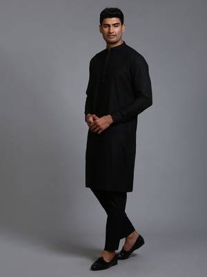 Black Cotton Blend Kurta Pyjama Set 2