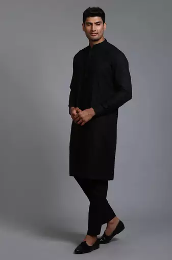 Black Cotton Blend Kurta Pyjama Set