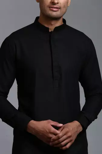Black Cotton Blend Kurta Pyjama Set