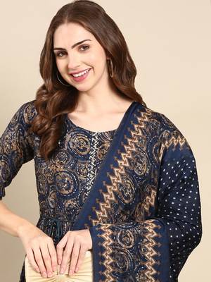 Showoff women's round neck abstract foil print navy blue anarkali kurta and trouser with dupatta 1