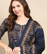 Showoff women's round neck abstract foil print navy blue anarkali kurta and trouser with dupatta