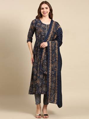Showoff women's round neck abstract foil print navy blue anarkali kurta and trouser with dupatta 2