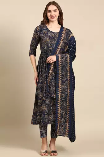 Showoff women's round neck abstract foil print navy blue anarkali kurta and trouser with dupatta