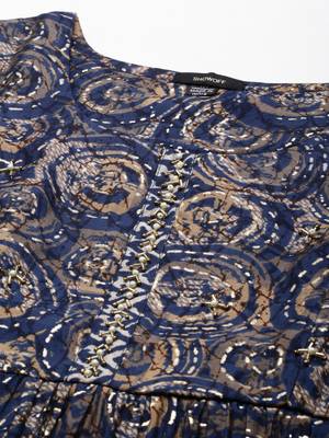 Showoff women's round neck abstract foil print navy blue anarkali kurta and trouser with dupatta 3