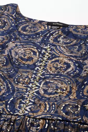 Showoff women's round neck abstract foil print navy blue anarkali kurta and trouser with dupatta