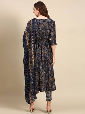 Showoff women's round neck abstract foil print navy blue anarkali kurta and trouser with dupatta 4