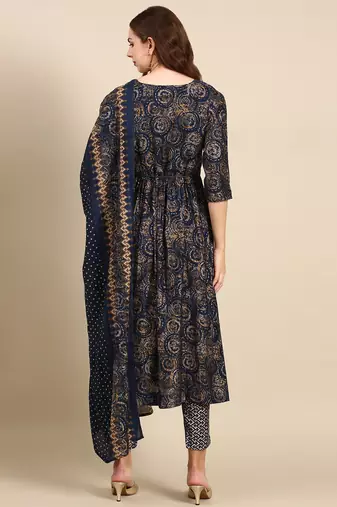 Showoff women's round neck abstract foil print navy blue anarkali kurta and trouser with dupatta
