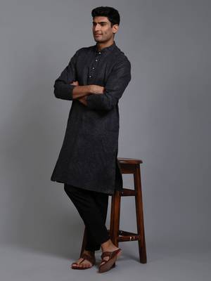 Black Cotton Blend Kurta Pyjama Set 1
