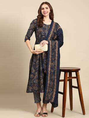 Showoff women's round neck abstract foil print navy blue anarkali kurta and trouser with dupatta 5