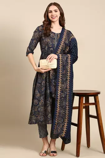 Showoff women's round neck abstract foil print navy blue anarkali kurta and trouser with dupatta