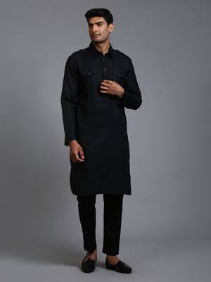 Black Cotton Blend Kurta Pyjama Set 1