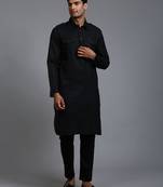 Black Cotton Blend Kurta Pyjama Set