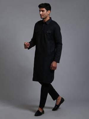 Black Cotton Blend Kurta Pyjama Set 2