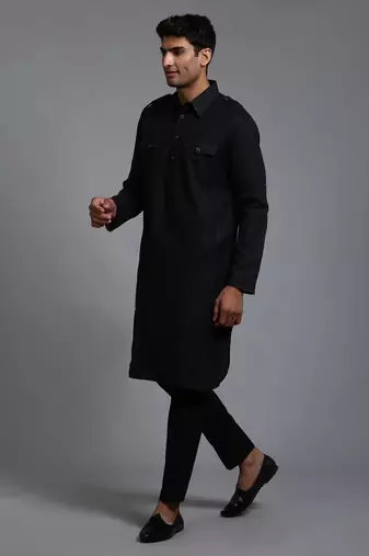 Black Cotton Blend Kurta Pyjama Set