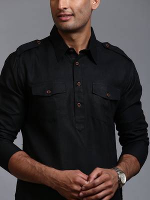 Black Cotton Blend Kurta Pyjama Set 4