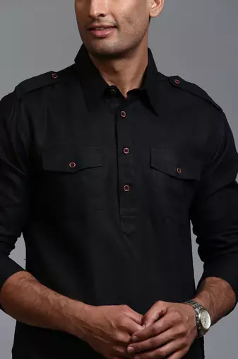 Black Cotton Blend Kurta Pyjama Set