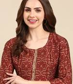 women's round neck ethnic motifs foil print maroon anarkali kurta and trouser