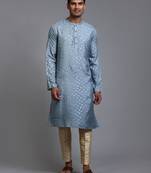 Grey And Gold Silk Blend Kurta Pyjama Set