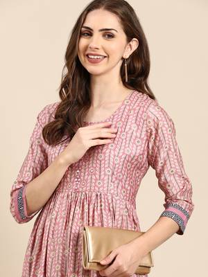 women's round neck floral foil print pink anarkali kurta and trouser 1