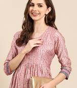 women's round neck floral foil print pink anarkali kurta and trouser