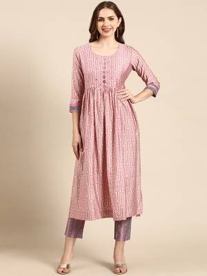 women's round neck floral foil print pink anarkali kurta and trouser 2