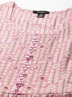 women's round neck floral foil print pink anarkali kurta and trouser 3