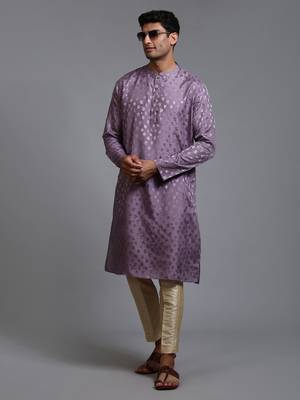 Purple And Gold Silk Blend Kurta Pyjama Set 1