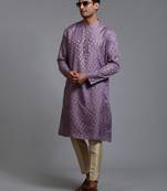 Purple And Gold Silk Blend Kurta Pyjama Set