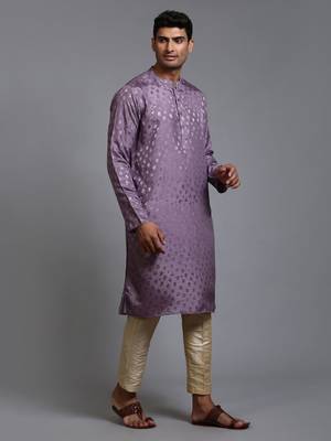 Purple And Gold Silk Blend Kurta Pyjama Set 2