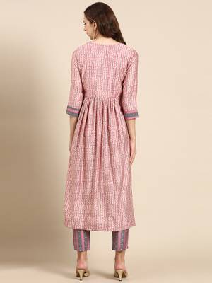 women's round neck floral foil print pink anarkali kurta and trouser 5