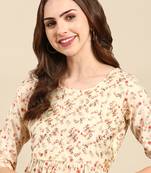 women's round neck ethnic motifs foil print cream anarkali kurta and trouser