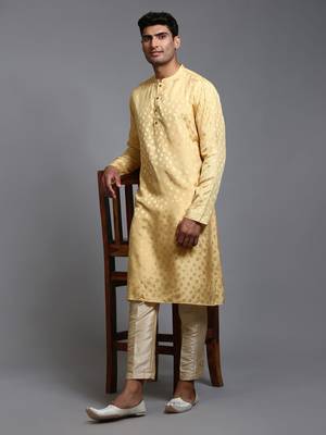 Men'S Yellow And Gold Silk Blend Kurta Pyjama Set 1
